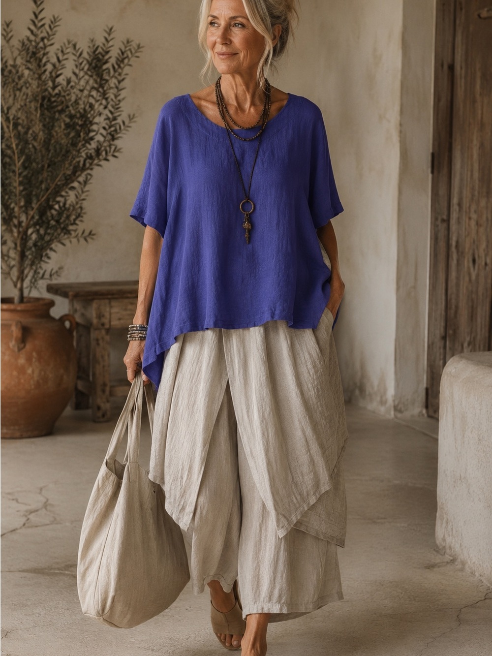 bryn Walker Heavy Linen Resort Pullover Signature Boxy Lagenlook Shirt Size XL